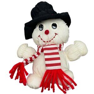 vintage snowman plush Christmas tree ornament white black top hat scarf 6" READ